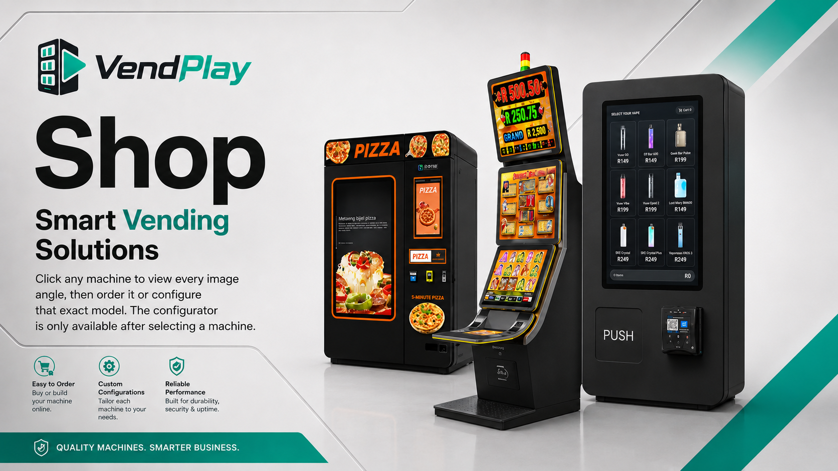 VendPlay smart vending machines for sale - vape, protein shake, pizza, cologne and power bank machines